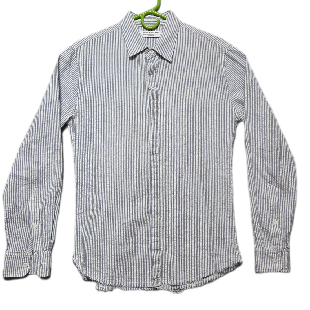 Mens Medium Blue White Seersucker Stripe Button Up Shirt Long Sleeve Frayed Hem